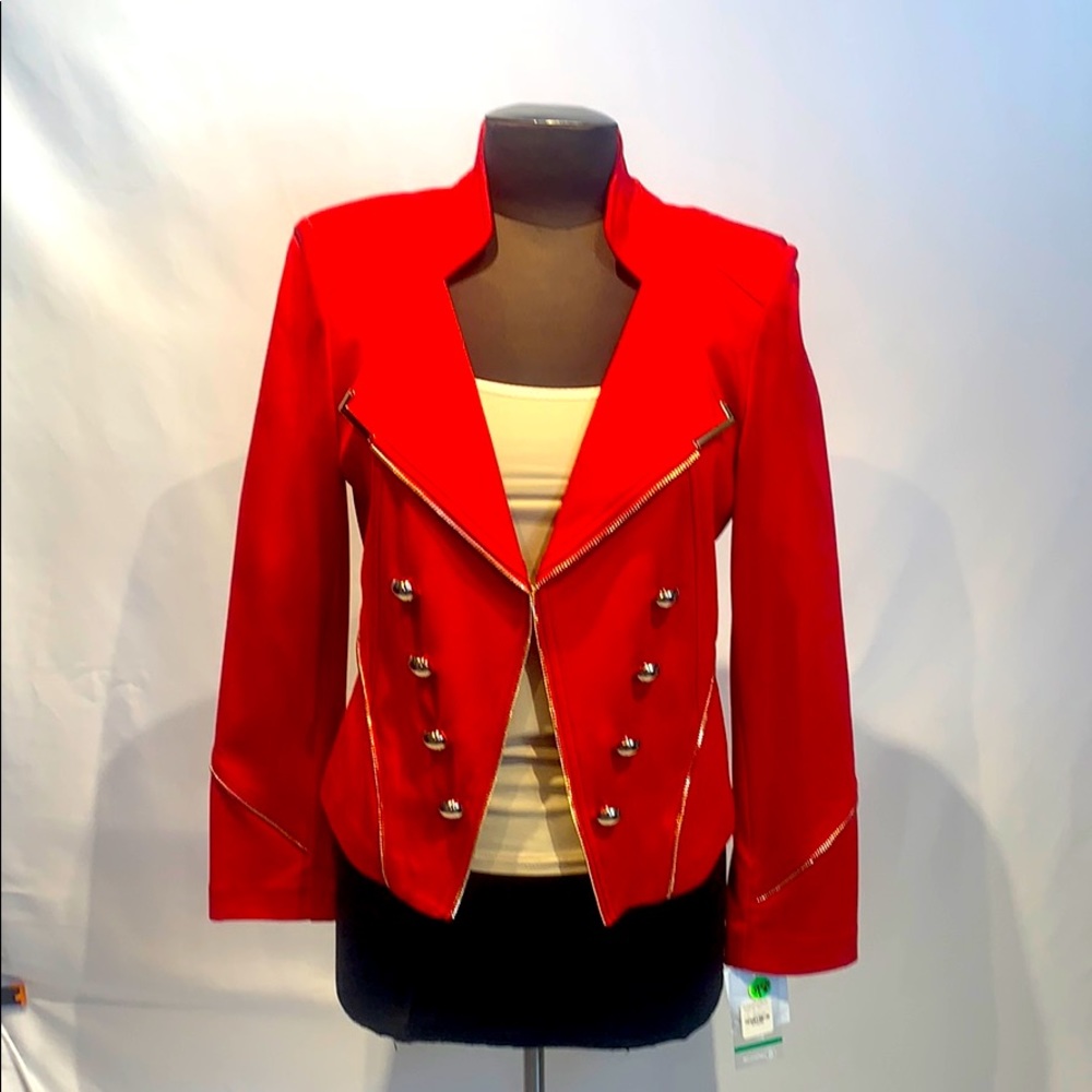 Insight red jacket with gold buttons.
